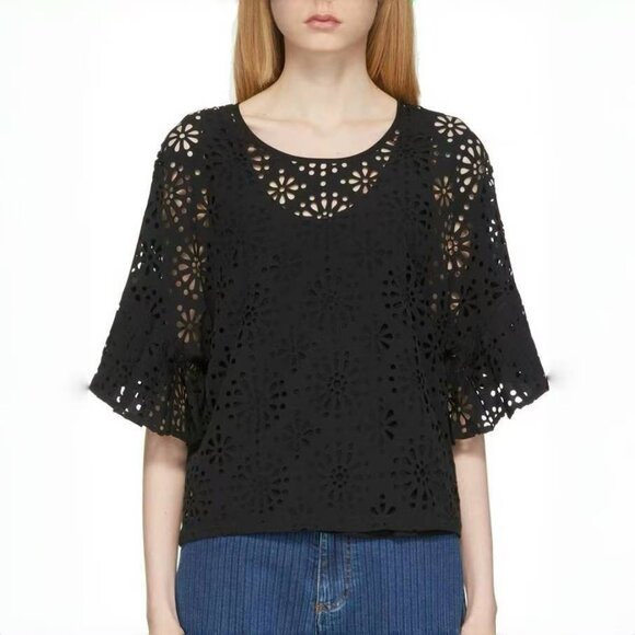 $428 NWOT See by Chloé Eyelet Top Lasercut Perforated Blouse Size 36 Black - Picture 1 of 14